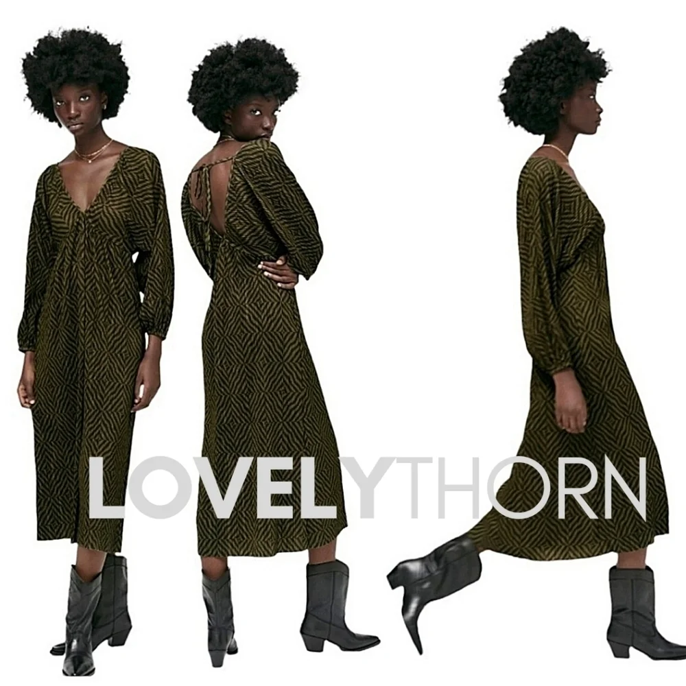 ZARA // silky pleated olive black geo print plunge balloon sleeve midi dress